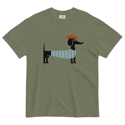 Moss green t-shirt with a dachshund graphic wearing a red beret and striped tie on a white background