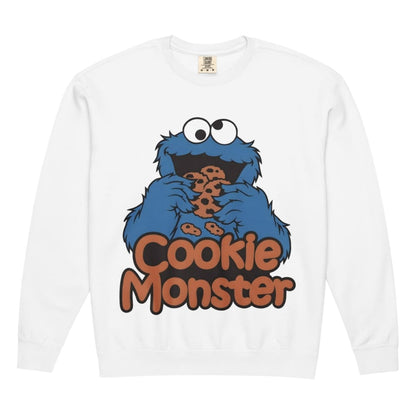 White long-sleeve shirt with Cookie Monster graphic on a white background