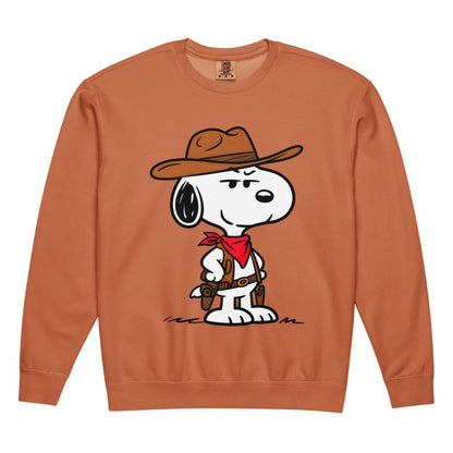 Orange sweatshirt with a cartoon character wearing a cowboy hat and boots on a white background
