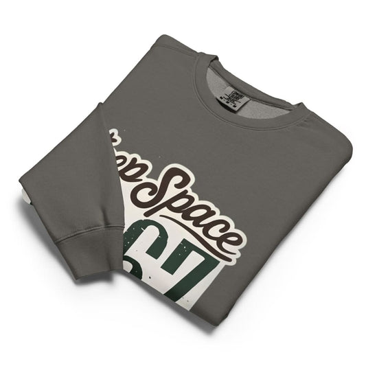 Folded gray sweatshirt with 'Keep Space 9' graphic on a white background