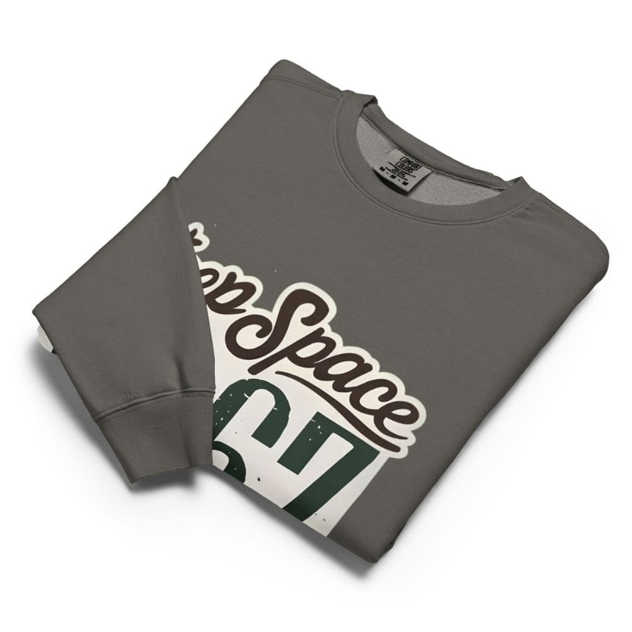 Folded gray sweatshirt with 'Keep Space 9' graphic on a white background