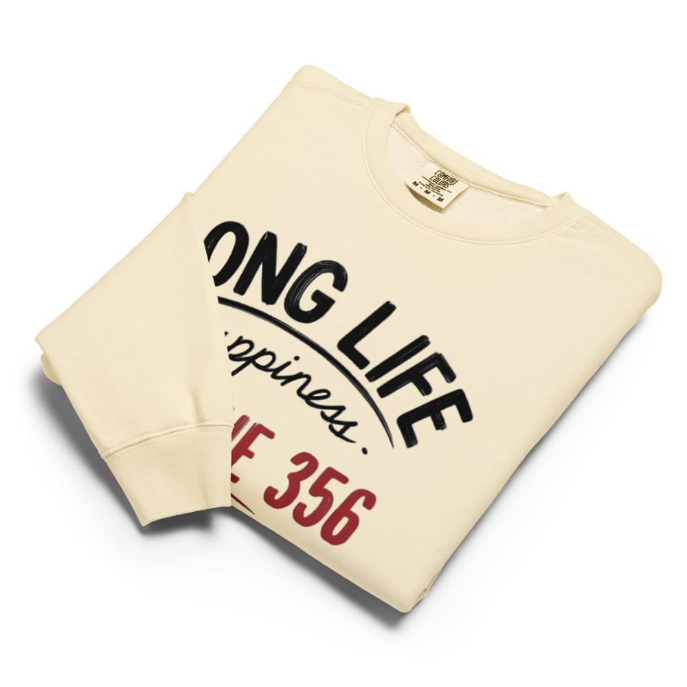 Beige sweatshirt with text on a white background