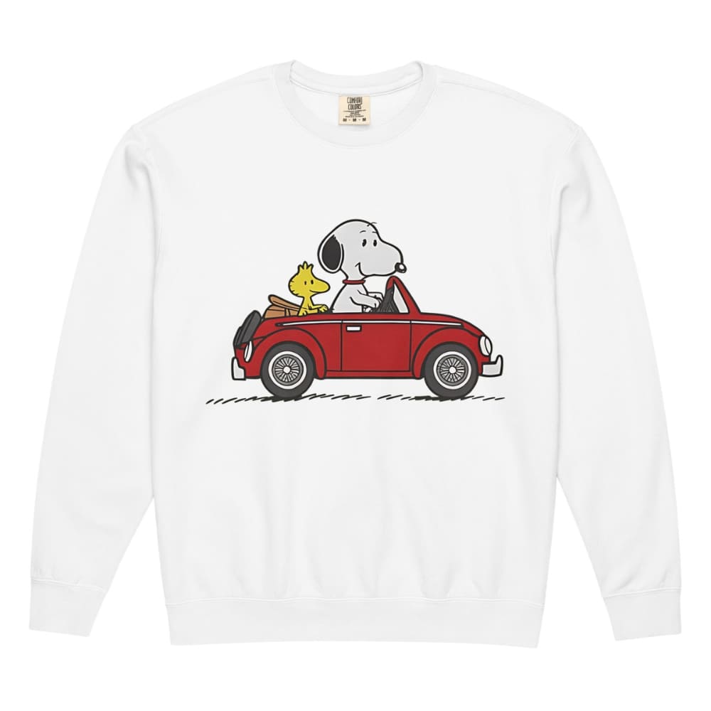 White long-sleeve shirt with a graphic of Snoopy and Woodstock in a red car on a white background