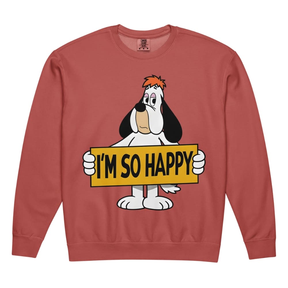 Red sweatshirt with cartoon dog holding 'I'm So Happy' sign on a white background