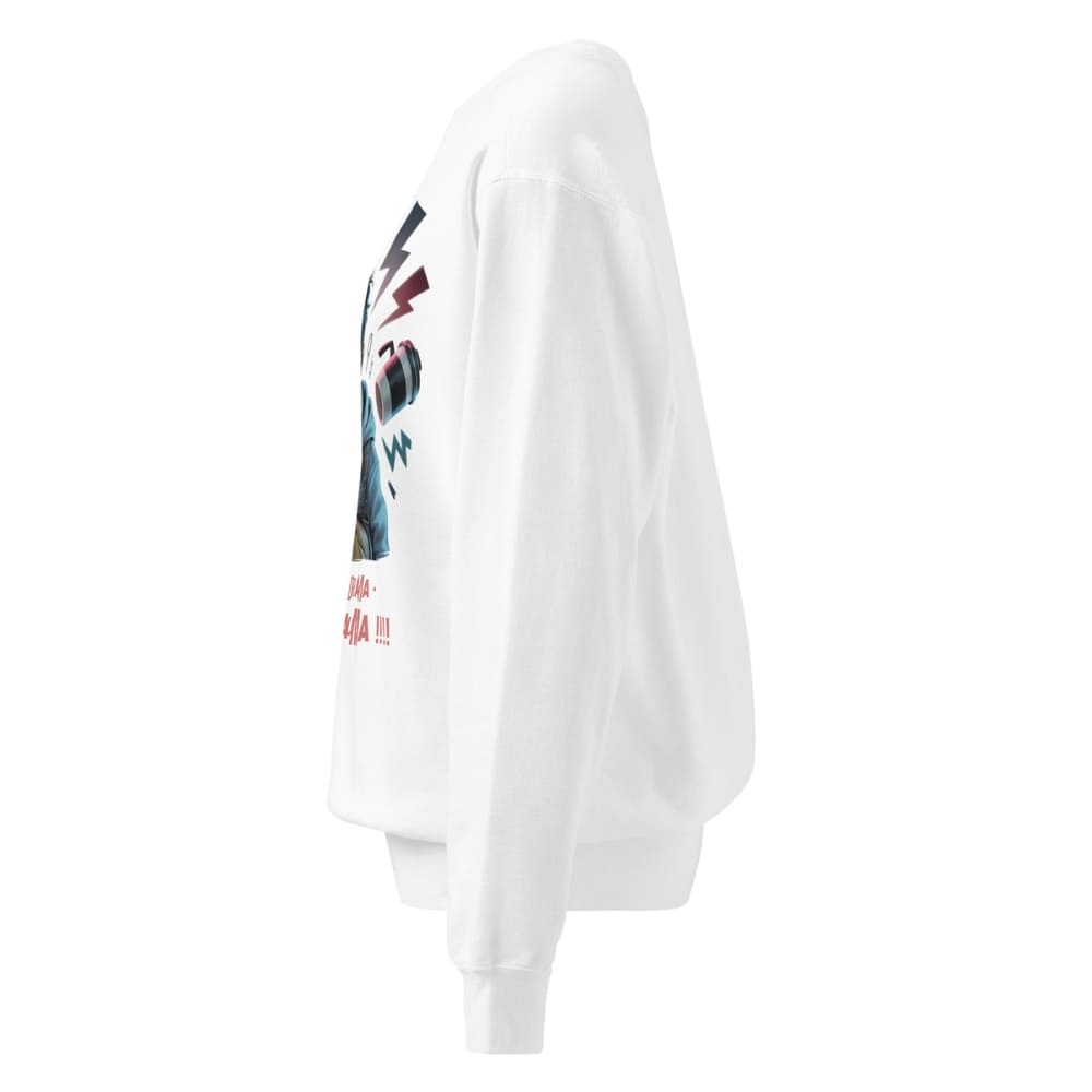 White sweatshirt with colorful graphic design on a white background