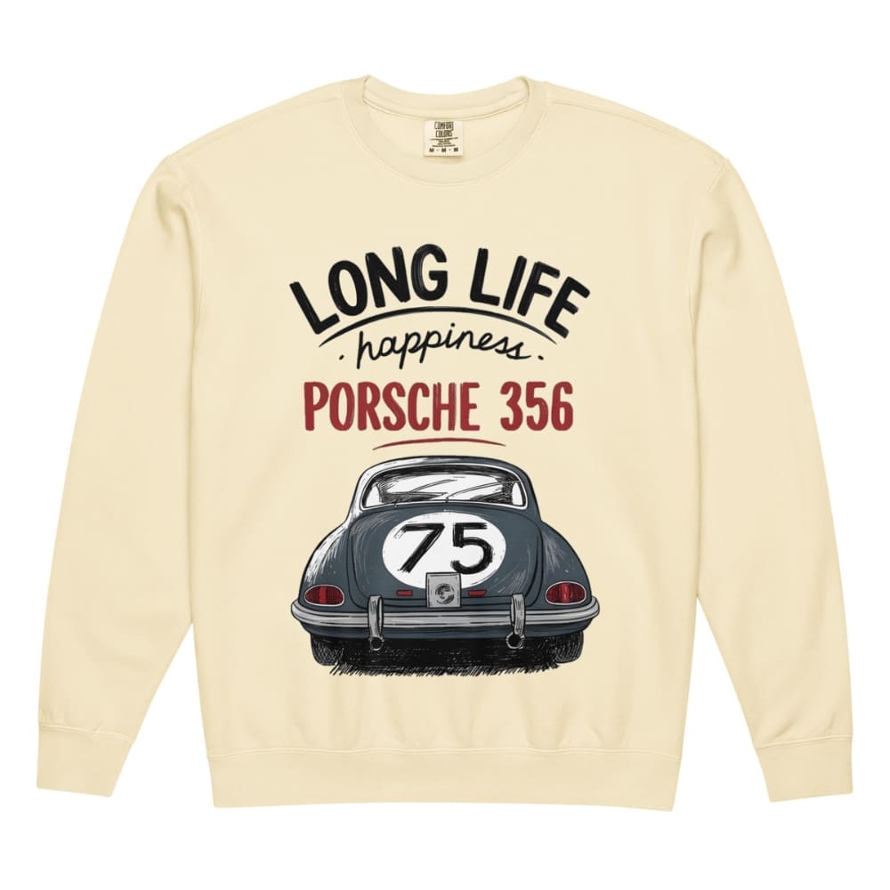 Beige sweatshirt with Porsche 356 design and text on a white background