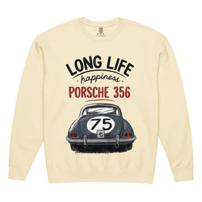 Beige sweatshirt with Porsche 356 design and text on a white background