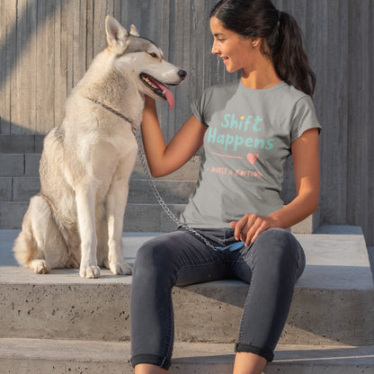 “Shift Happens – Nurse Edition” pastel text design printed on a thick garment-dyed cotton t-shirt, perfect for nurses and healthcare professionals with a sense of humor.