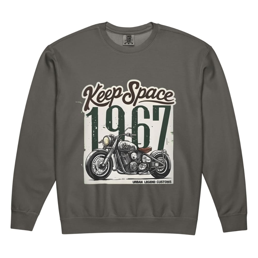 Gray sweatshirt with motorcycle graphic and text 'Keep Space 1967' on a white background