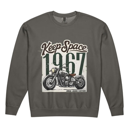 Gray sweatshirt with motorcycle graphic and text 'Keep Space 1967' on a white background
