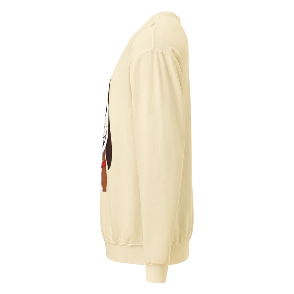 Beige sweatshirt with a graphic design on the back against a white background