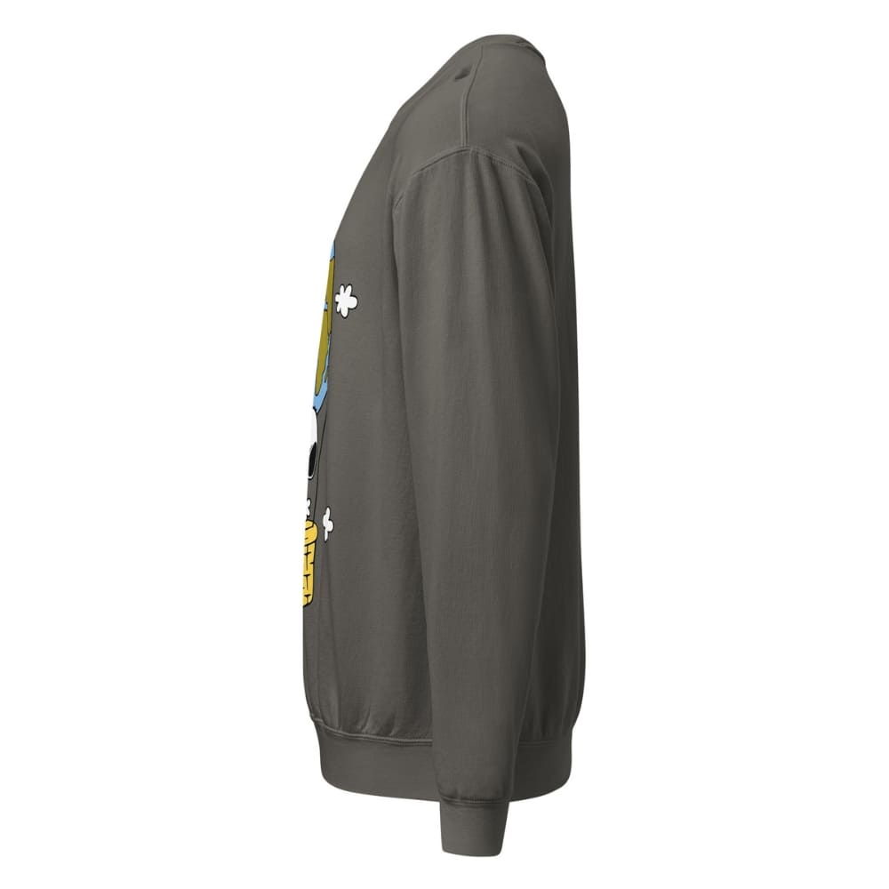 Gray swaetshirt with a logo on the sleeve against a white background