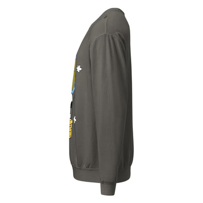 Gray swaetshirt with a logo on the sleeve against a white background