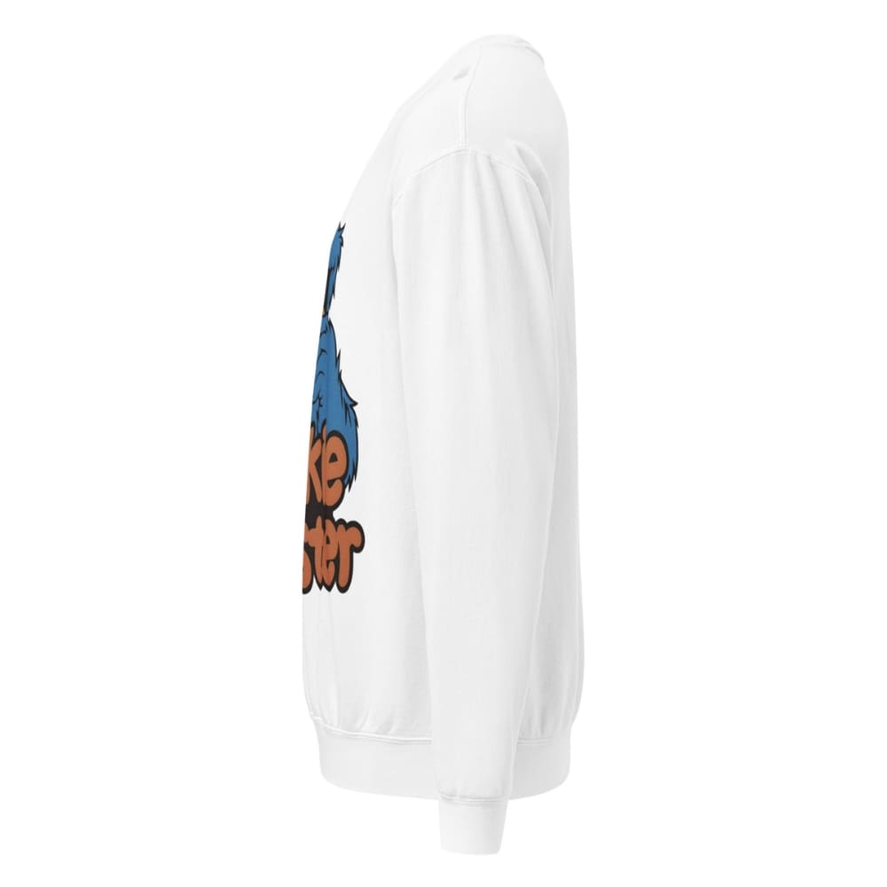 White sweatshirt with colorful graphic on the back against a white background