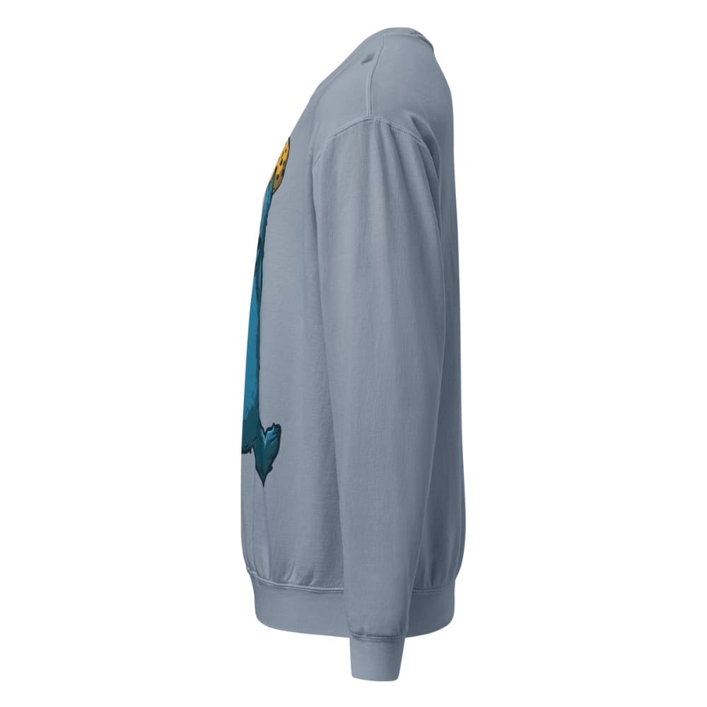 Blue sweatshirt with a logo on the sleeve against a white background