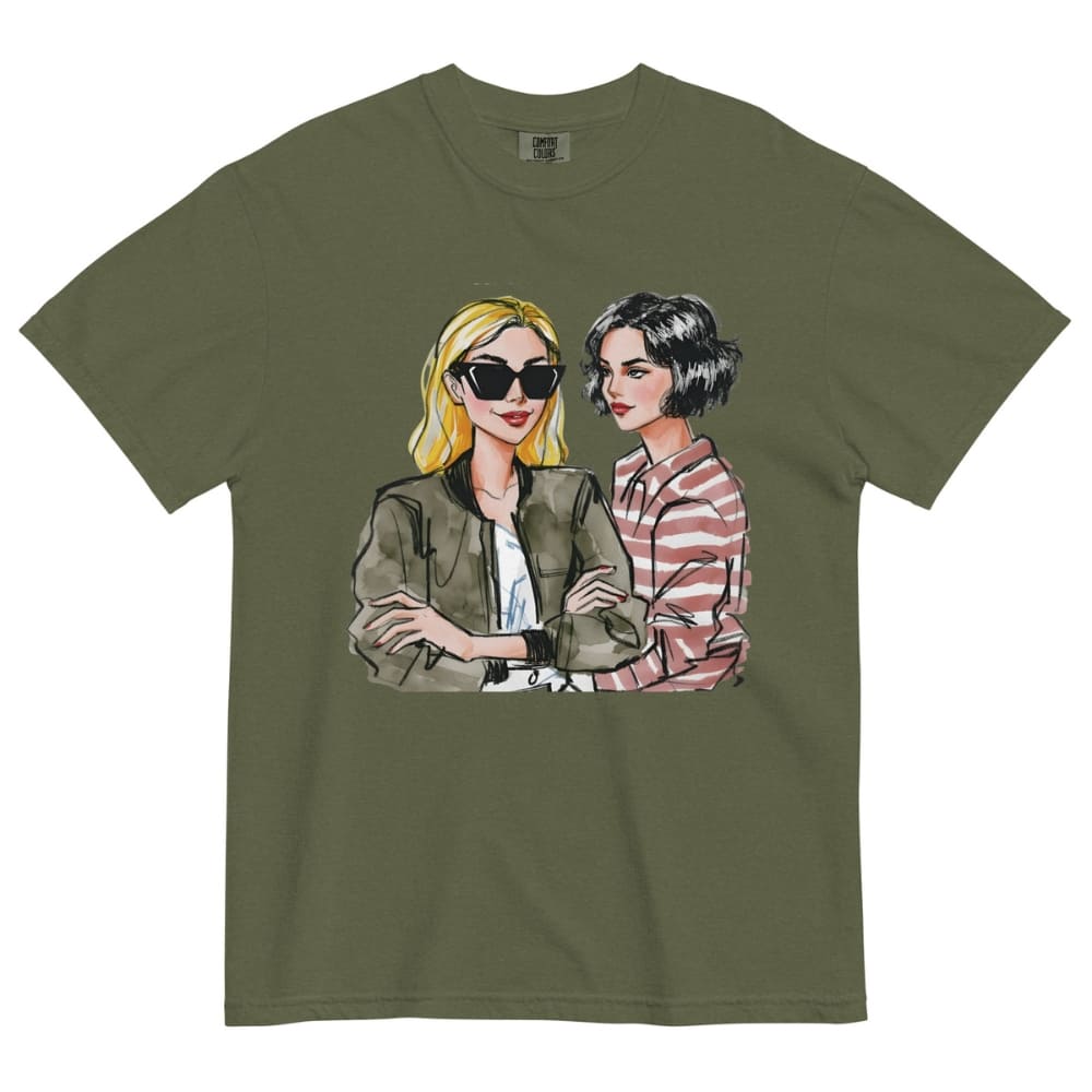 Olive green t-shirt with illustrations of two women on a white background