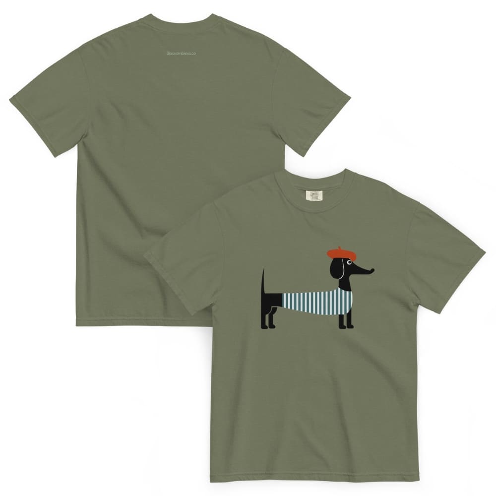 Moss green t-shirt with a graphic design on the front, displayed on a white background