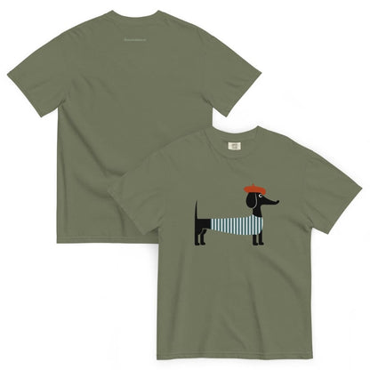 Moss green t-shirt with a graphic design on the front, displayed on a white background