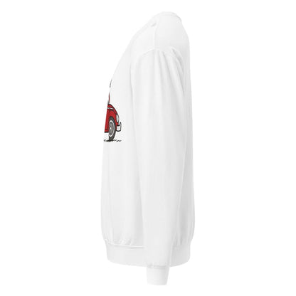 White sweatshirt with a logo on the sleeve against a white background