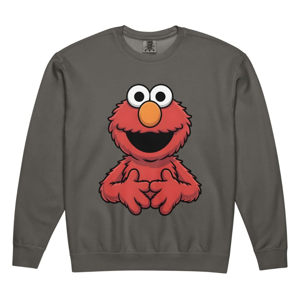 Gray sweatshirt with a red character design on a white background