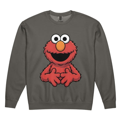 Gray sweatshirt with a red character design on a white background