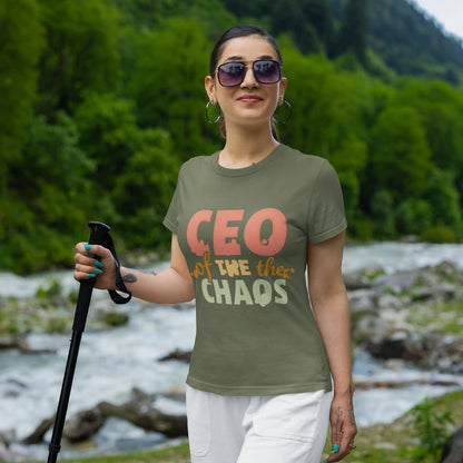 CEO of the Chaos” printed on a heavyweight cotton t-shirt in soft pastel ink, laid flat with a minimal lifestyle background.
