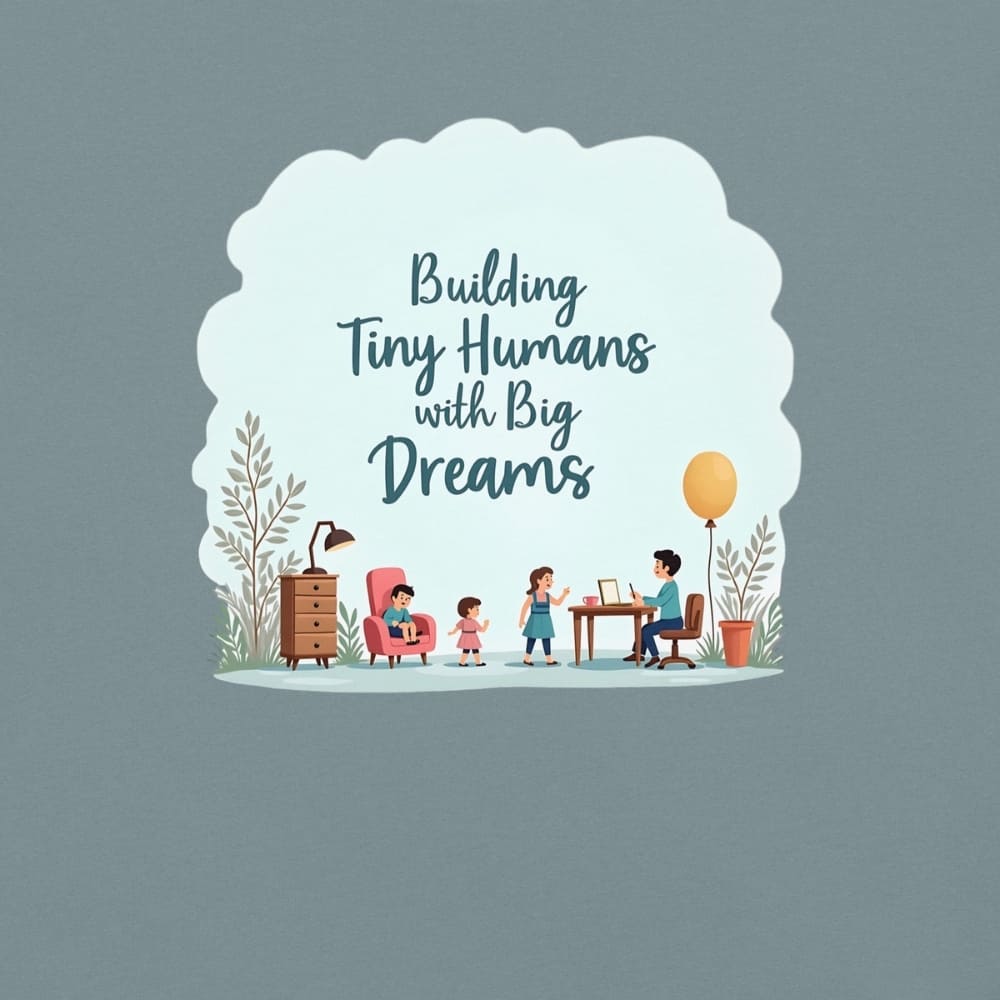 Illustrated t-shirt design with the quote "Building Tiny Humans with Big Dreams" surrounded by a family parenting scene