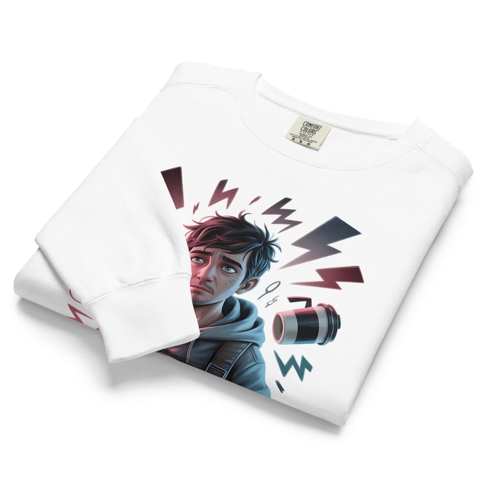 White t-shirt with a graphic design of a character with lightning bolts on a white background