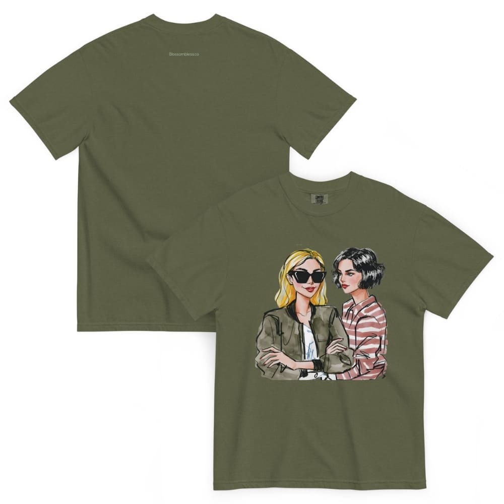 Olive green t-shirt with a graphic of two women on a white background