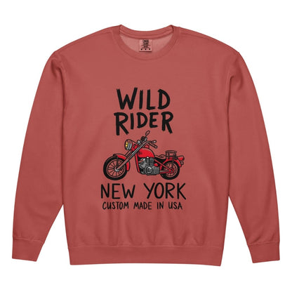 Red sweatshirt with 'Wild Rider New York Custom Made in USA' text and motorcycle graphic on a white background