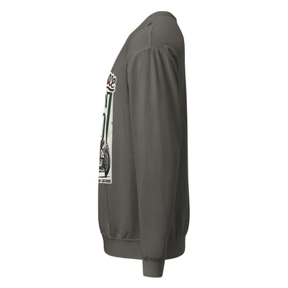 Gray sweatshirt with a logo on the sleeve against a white background