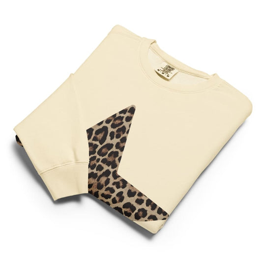 Beige sweatshirt with leopard print cuffs on a white background