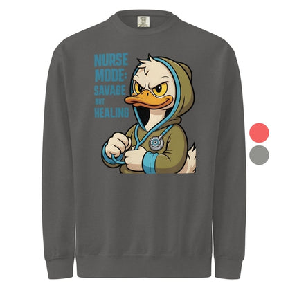 Gray sweatshirt with cartoon duck character and text on a white background