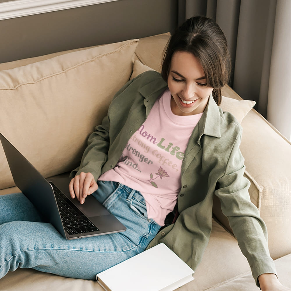 Mom Life: Strong Coffee, Stronger Mind” – Floral Typography T-Shirt for Moms | Relaxed Fit Cotton Tee