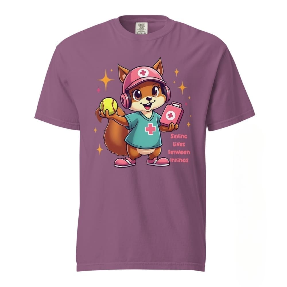Cute squirrel nurse cartoon in scrubs, pink cap, and headset holding a softball and medical kit with the phrase “Saving Lives Between Innings” — printed on a heavyweight cotton t-shirt