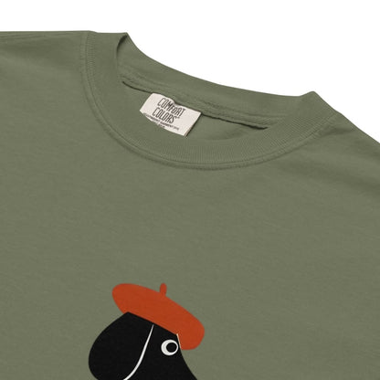 Moss green t-shirt with a rooster wearing a red beret design and Comfort Colors label.