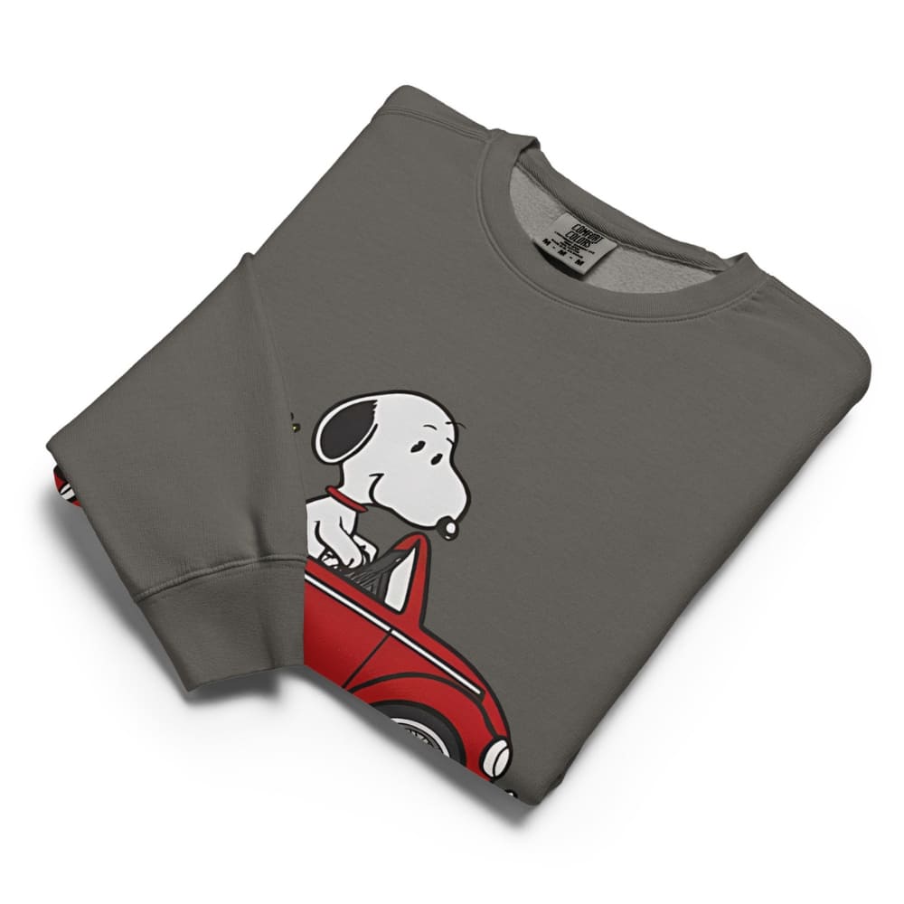 Folded gray sweatshirt with a cartoon character on a white background