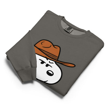 Folded gray sweatshirt with a cartoon snowman design wearing a brown hat on a white background