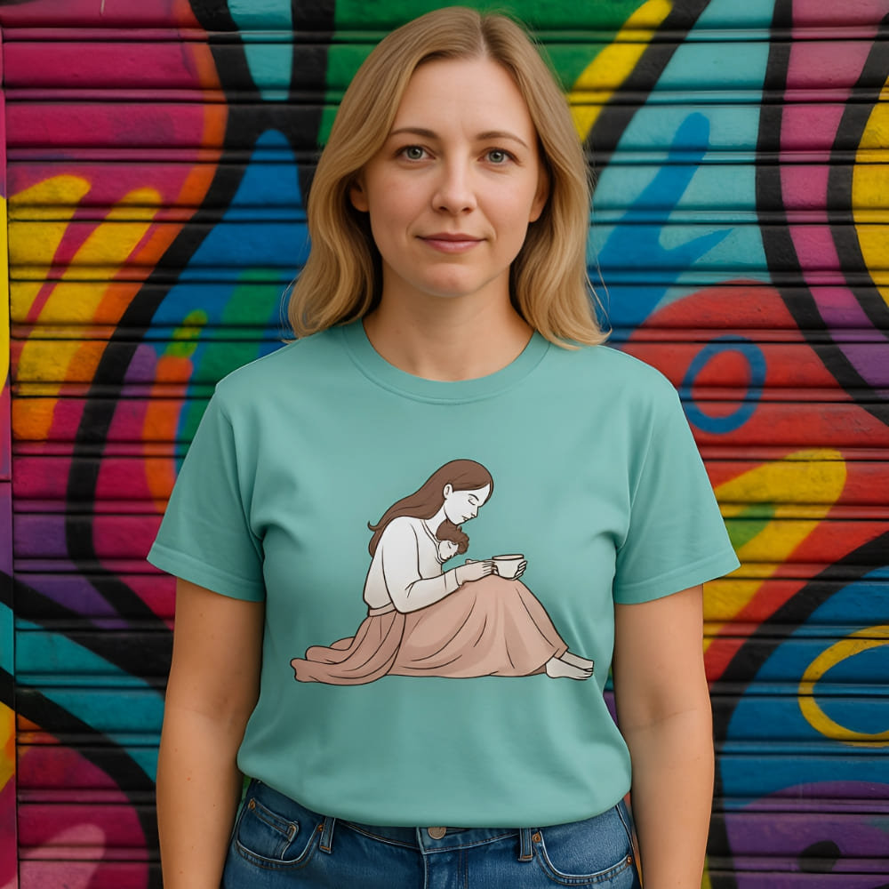 Peaceful Mom and Child Coffee T-Shirt – Garment-Dyed Cotton Comfort