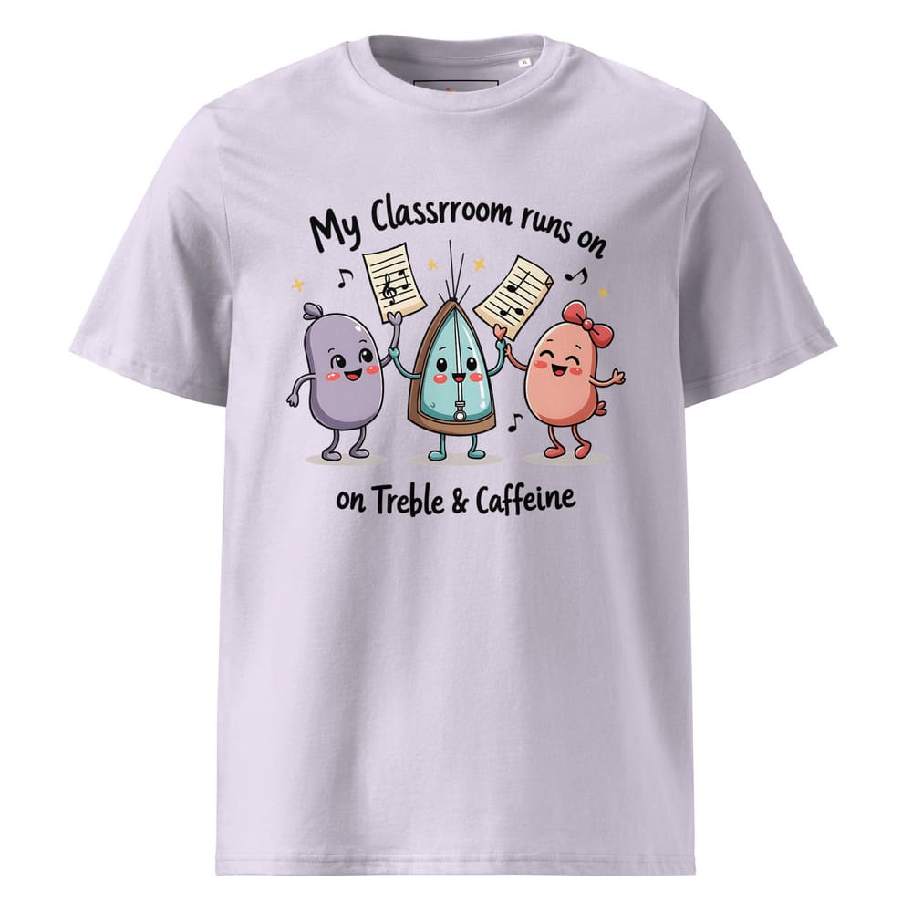 My Classroom Runs on Treble & Caffeine – Funny Music Teacher Gift – Cute Coffee & Music Cartoon Design – Eco-Friendly Shirt