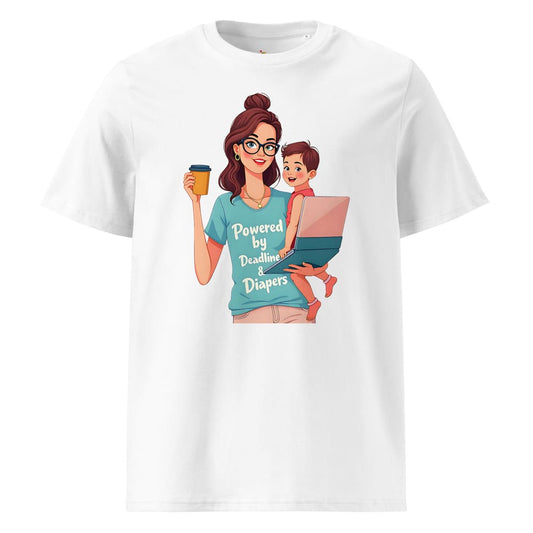Powered by Deadlines & Diapers T-Shirt – Working Mom Organic Cotton Tee