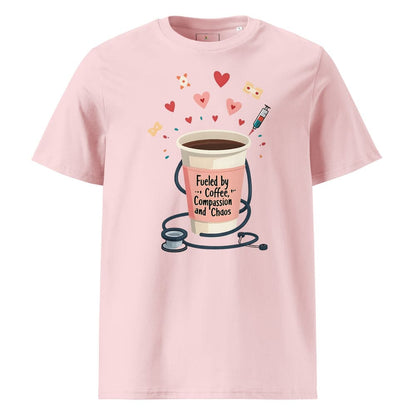Fueled by Coffee, Compassion & Chaos – Nurse Life Organic Cotton Tee – Funny Healthcare Worker Shirt