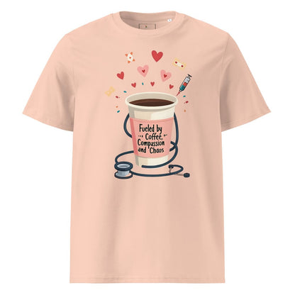 Fueled by Coffee, Compassion & Chaos – Nurse Life Organic Cotton Tee – Funny Healthcare Worker Shirt