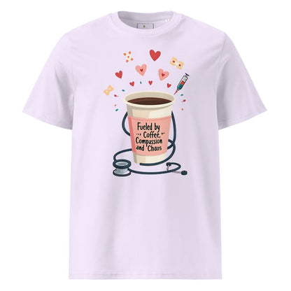 Fueled by Coffee, Compassion & Chaos – Nurse Life Organic Cotton Tee – Funny Healthcare Worker Shirt